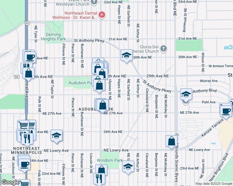 map of restaurants, bars, coffee shops, grocery stores, and more near 2831 Ulysses Street Northeast in Minneapolis