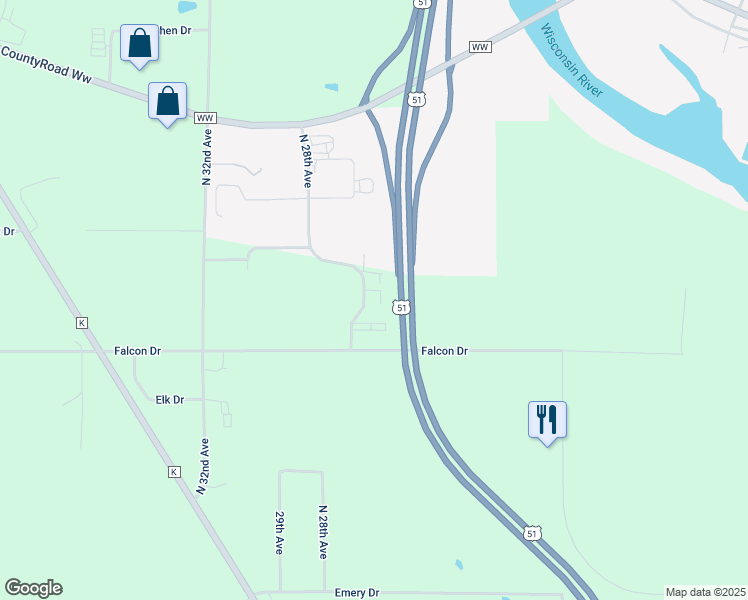 map of restaurants, bars, coffee shops, grocery stores, and more near 5177 North 28th Avenue in Wausau