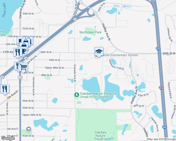 map of restaurants, bars, coffee shops, grocery stores, and more near 6593 49th Street North in Saint Paul