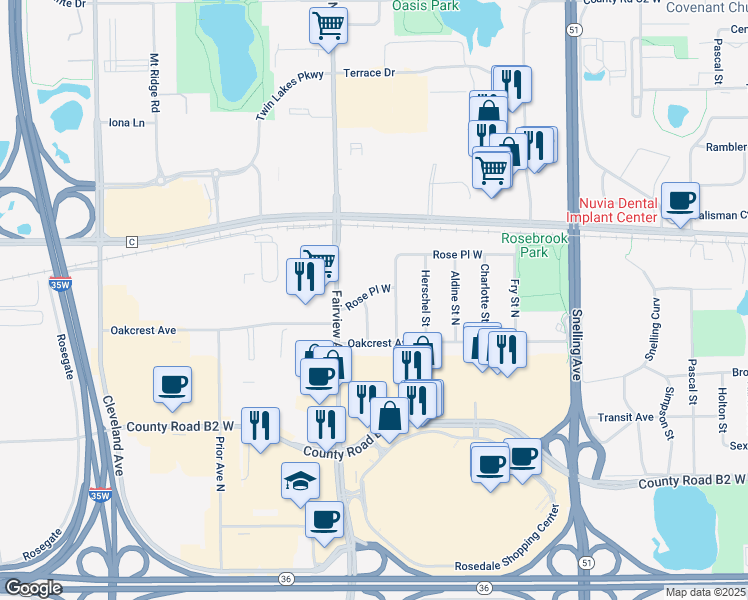 map of restaurants, bars, coffee shops, grocery stores, and more near 1779 Rose Place in Roseville