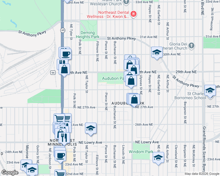 map of restaurants, bars, coffee shops, grocery stores, and more near 1320 29th Avenue Northeast in Minneapolis