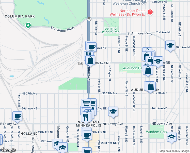 map of restaurants, bars, coffee shops, grocery stores, and more near 2826 Polk Street Northeast in Minneapolis