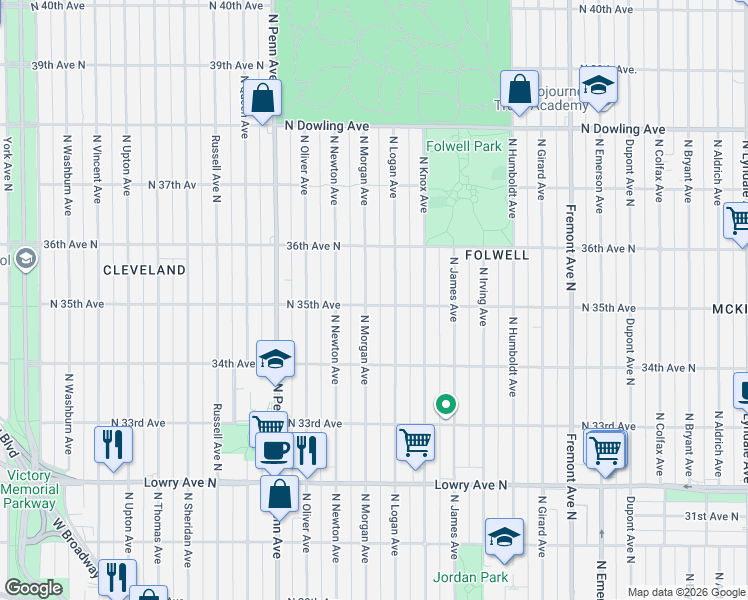 map of restaurants, bars, coffee shops, grocery stores, and more near 3527 North Morgan Avenue in Minneapolis