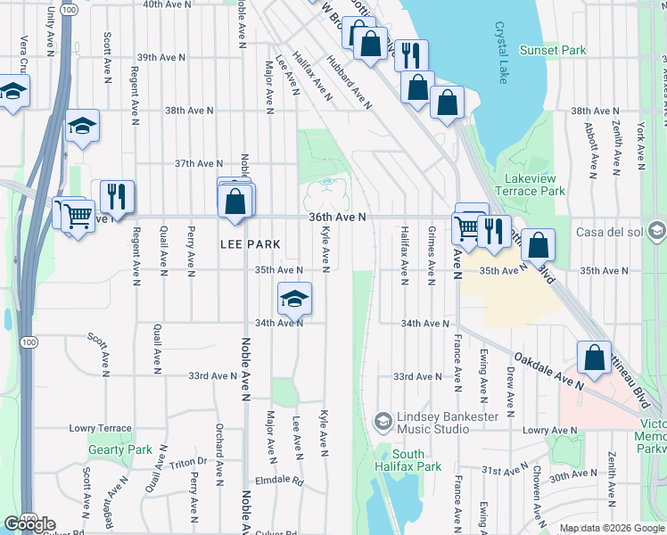 map of restaurants, bars, coffee shops, grocery stores, and more near 3524 Kyle Avenue North in Minneapolis
