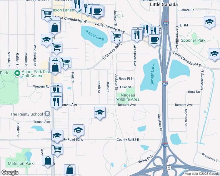 map of restaurants, bars, coffee shops, grocery stores, and more near 2570 Ruth Street in Little Canada