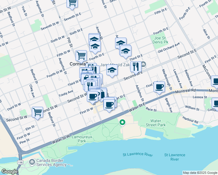 map of restaurants, bars, coffee shops, grocery stores, and more near 108 Second Street East in Cornwall