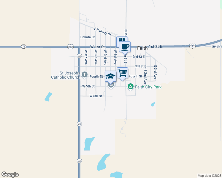 map of restaurants, bars, coffee shops, grocery stores, and more near 204 West 5th Street in Faith