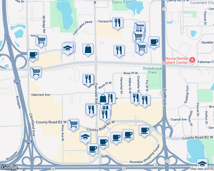 map of restaurants, bars, coffee shops, grocery stores, and more near 1779 Rose Place in Roseville