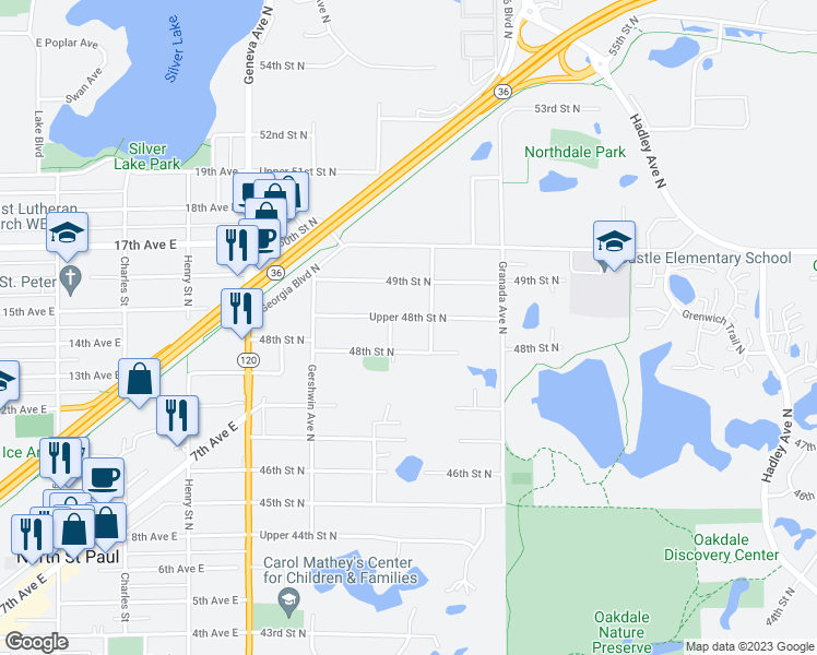 map of restaurants, bars, coffee shops, grocery stores, and more near 6329 Upper 48th Street North in Saint Paul