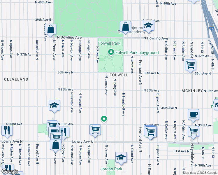 map of restaurants, bars, coffee shops, grocery stores, and more near 3531 North Irving Avenue in Minneapolis