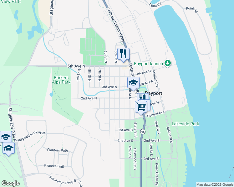 map of restaurants, bars, coffee shops, grocery stores, and more near 404 5th Street North in Bayport