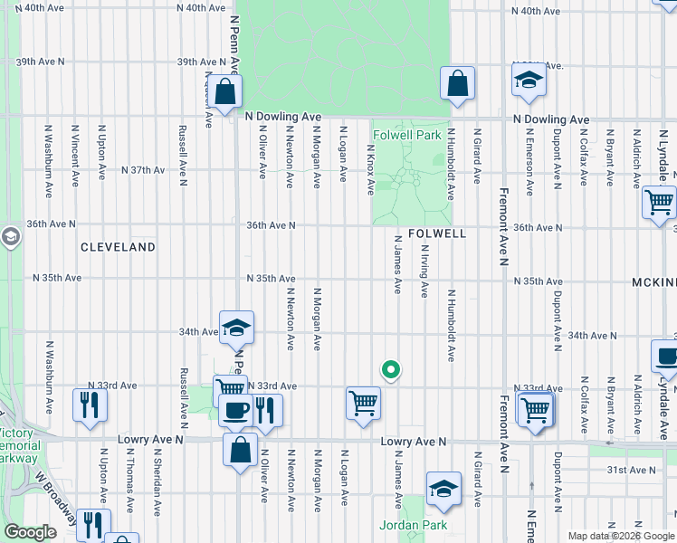 map of restaurants, bars, coffee shops, grocery stores, and more near 3530 North Logan Avenue in Minneapolis