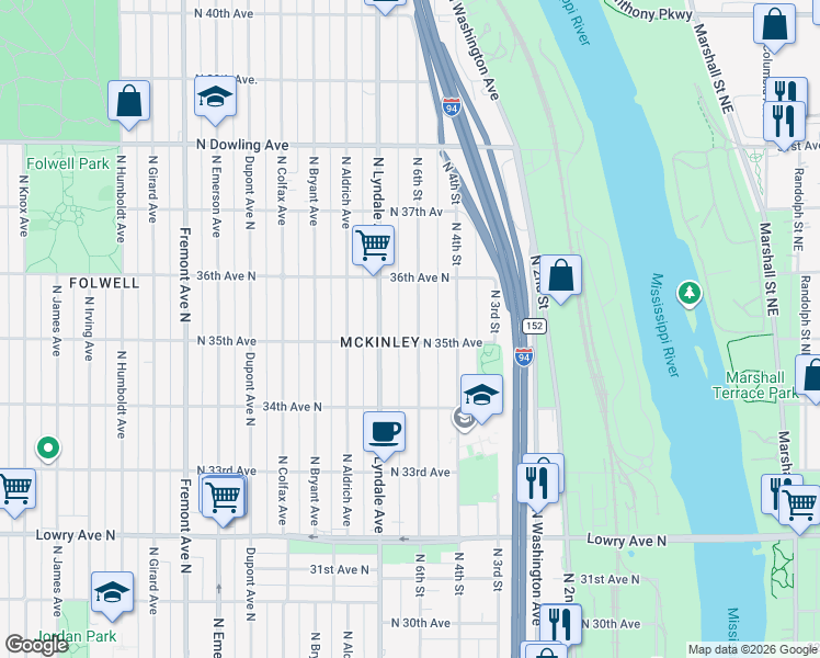 map of restaurants, bars, coffee shops, grocery stores, and more near 3534 North 6th Street in Minneapolis