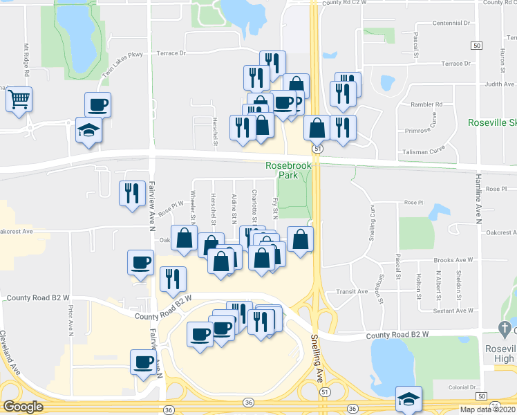 map of restaurants, bars, coffee shops, grocery stores, and more near 2605 Charlotte Street North in Roseville