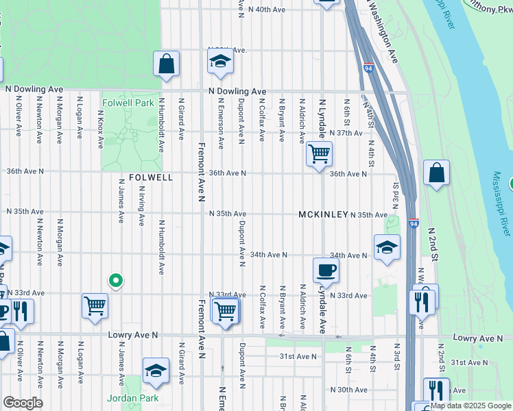 map of restaurants, bars, coffee shops, grocery stores, and more near 3530 North Dupont Avenue in Minneapolis
