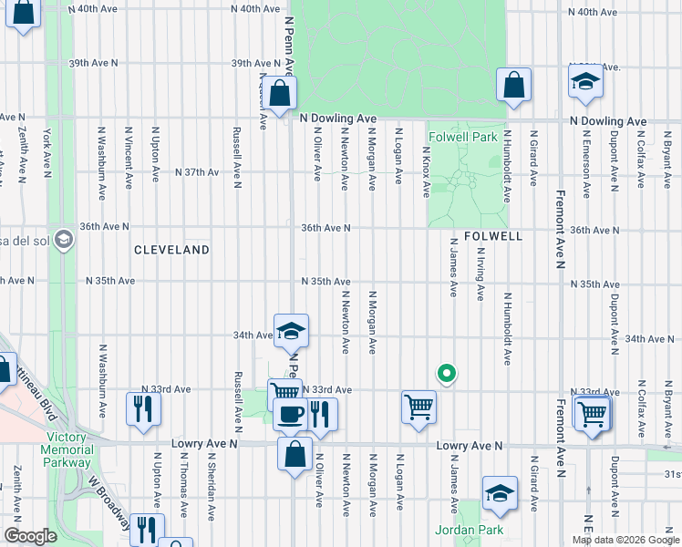 map of restaurants, bars, coffee shops, grocery stores, and more near 3531 North Newton Avenue in Minneapolis