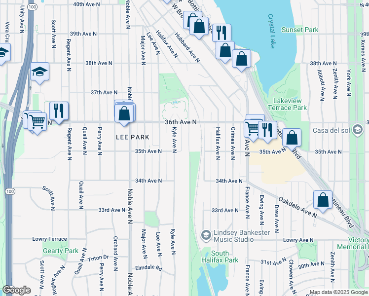 map of restaurants, bars, coffee shops, grocery stores, and more near 3524 Kyle Avenue North in Minneapolis