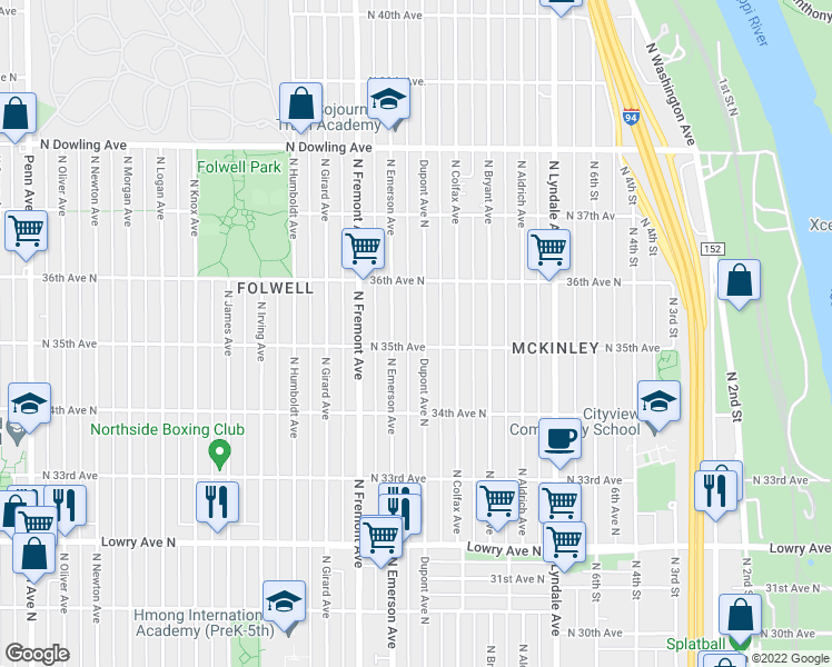 map of restaurants, bars, coffee shops, grocery stores, and more near 3511 Dupont Avenue in Minneapolis
