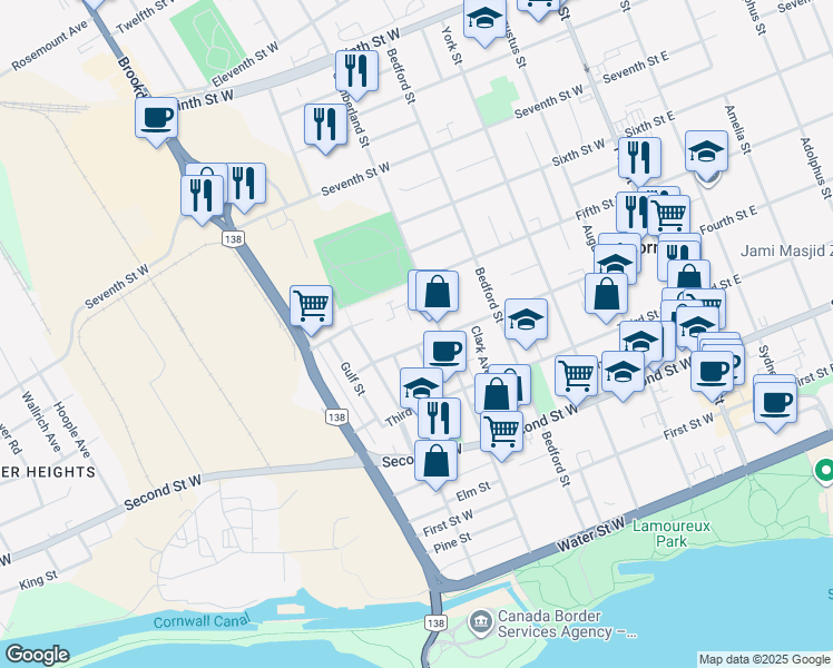 map of restaurants, bars, coffee shops, grocery stores, and more near 405 Fourth Street West in Cornwall