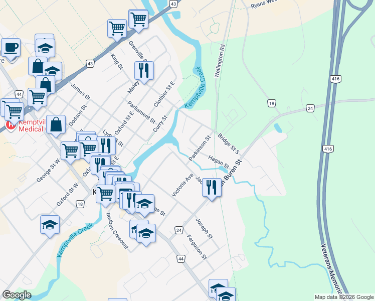 map of restaurants, bars, coffee shops, grocery stores, and more near 105 Parkinson Street in Kemptville
