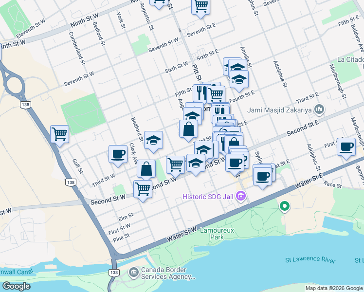 map of restaurants, bars, coffee shops, grocery stores, and more near 127 Third Street West in Cornwall