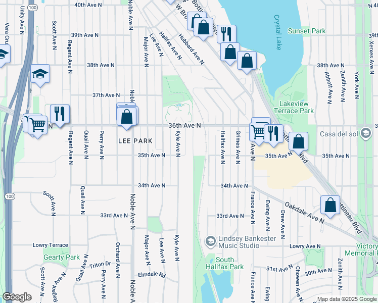 map of restaurants, bars, coffee shops, grocery stores, and more near 3524 Kyle Avenue North in Minneapolis