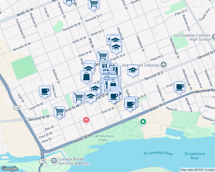 map of restaurants, bars, coffee shops, grocery stores, and more near 228 Pitt Street in Cornwall