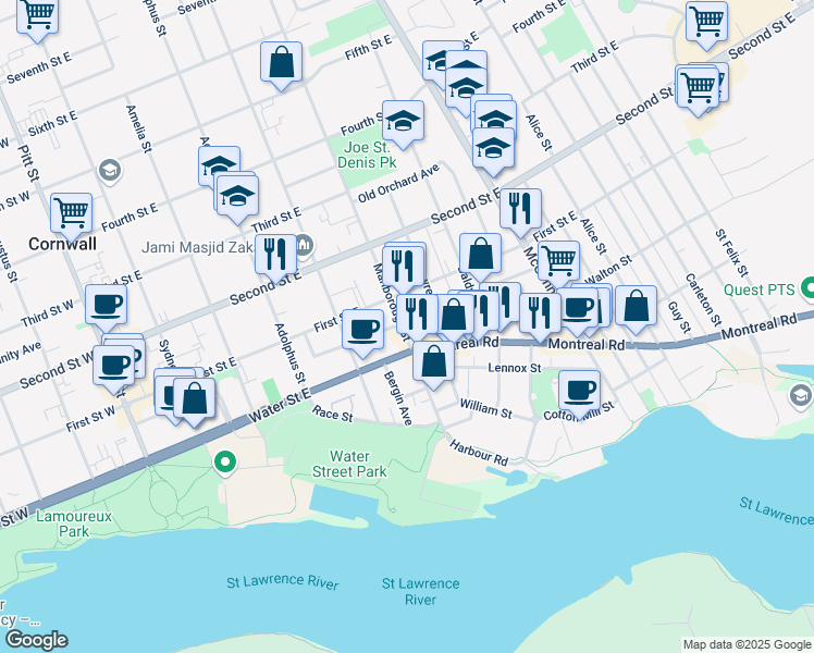 map of restaurants, bars, coffee shops, grocery stores, and more near 15 Marlborough Street North in Cornwall