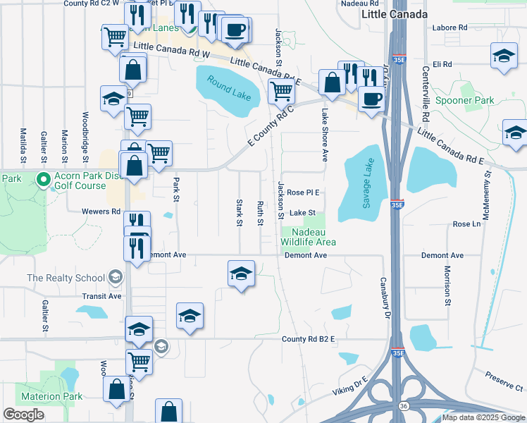 map of restaurants, bars, coffee shops, grocery stores, and more near 2590 Ruth Street in Little Canada