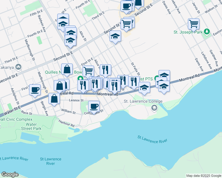 map of restaurants, bars, coffee shops, grocery stores, and more near 211 Alice Street in Cornwall