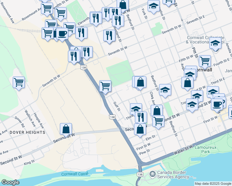 map of restaurants, bars, coffee shops, grocery stores, and more near 497A Fifth Street West in Cornwall