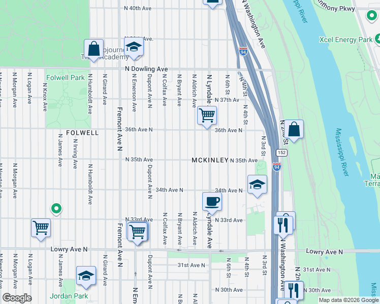 map of restaurants, bars, coffee shops, grocery stores, and more near 3533 North Aldrich Avenue in Minneapolis