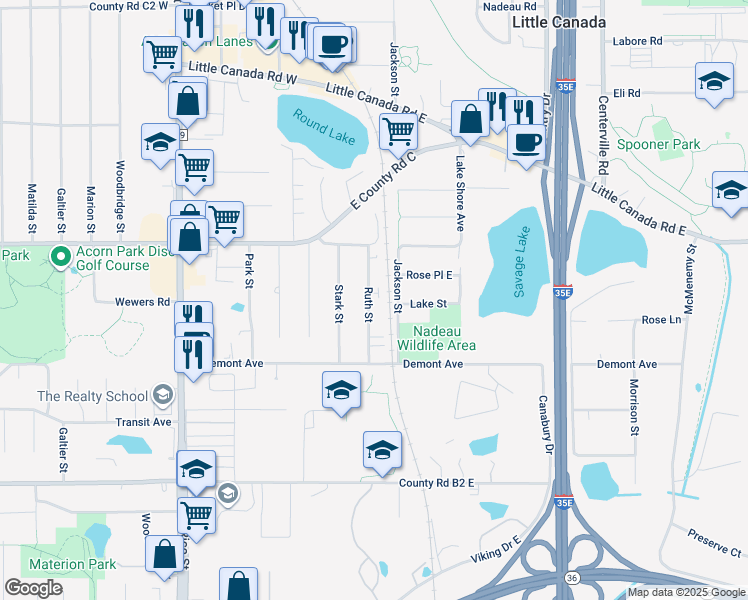 map of restaurants, bars, coffee shops, grocery stores, and more near 2574 Ruth Street in Little Canada