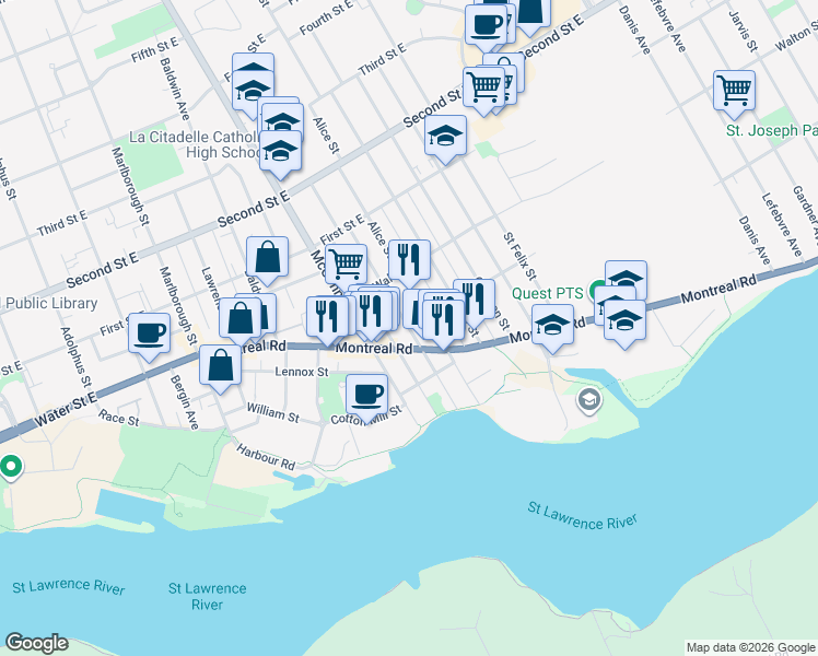 map of restaurants, bars, coffee shops, grocery stores, and more near Louisa Street in Cornwall