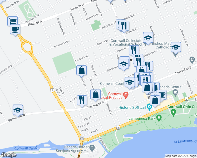 map of restaurants, bars, coffee shops, grocery stores, and more near 333 Bedford Street in Cornwall