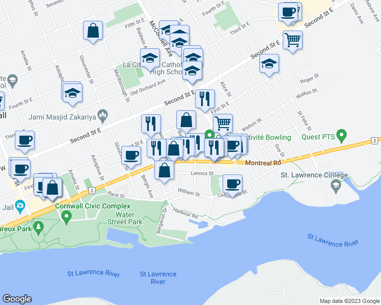 map of restaurants, bars, coffee shops, grocery stores, and more near 12 Baldwin Avenue in Cornwall