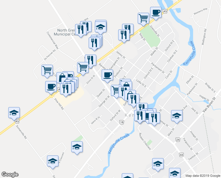 map of restaurants, bars, coffee shops, grocery stores, and more near 413 Rideau Street in Kemptville