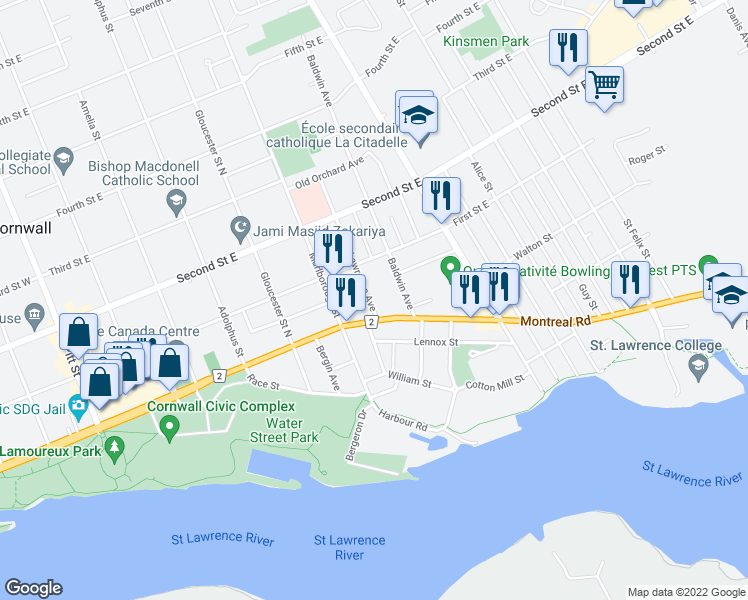 map of restaurants, bars, coffee shops, grocery stores, and more near 14 Lawrence Avenue in Cornwall