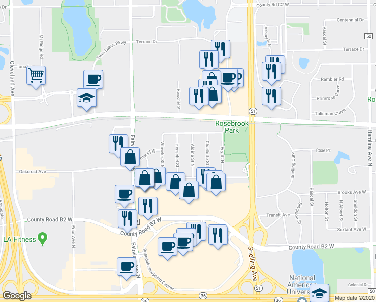 map of restaurants, bars, coffee shops, grocery stores, and more near 2605 Aldine Street North in Roseville
