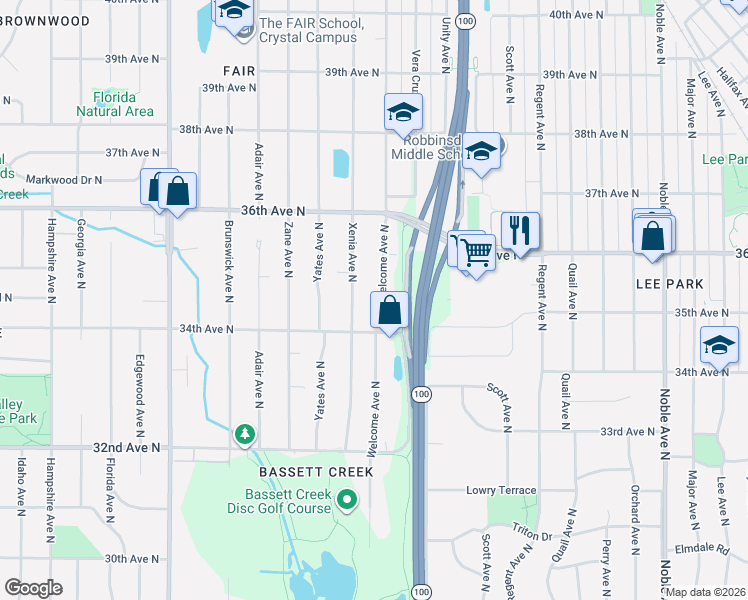 map of restaurants, bars, coffee shops, grocery stores, and more near 3443 Welcome Avenue North in Minneapolis
