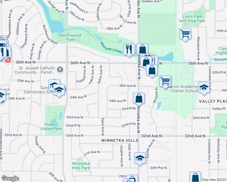 map of restaurants, bars, coffee shops, grocery stores, and more near 8201 35th Avenue North in Crystal
