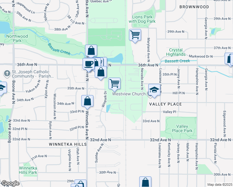 map of restaurants, bars, coffee shops, grocery stores, and more near 7611 36th Avenue North in Minneapolis