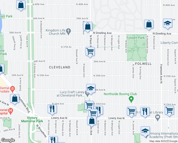 map of restaurants, bars, coffee shops, grocery stores, and more near 3515 Penn Avenue North in Minneapolis