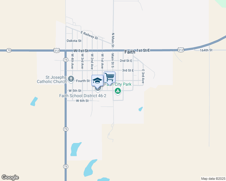map of restaurants, bars, coffee shops, grocery stores, and more near Main St S & 5th St E in Faith