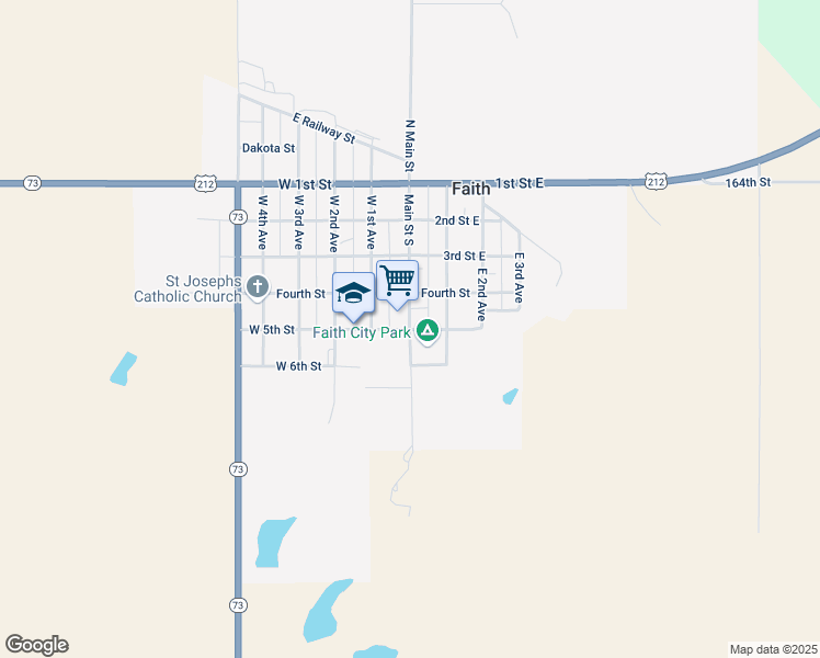 map of restaurants, bars, coffee shops, grocery stores, and more near 204 West 5th Street in Faith