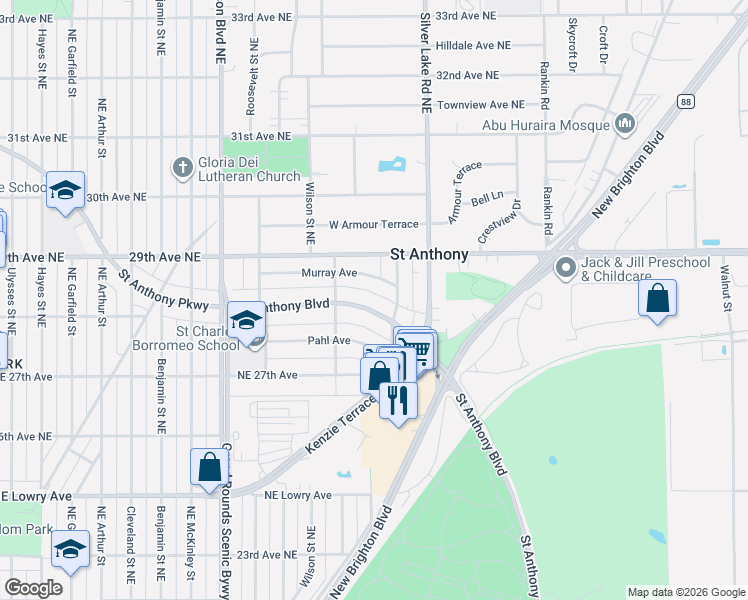 map of restaurants, bars, coffee shops, grocery stores, and more near 2801 Saint Anthony Boulevard in Saint Anthony
