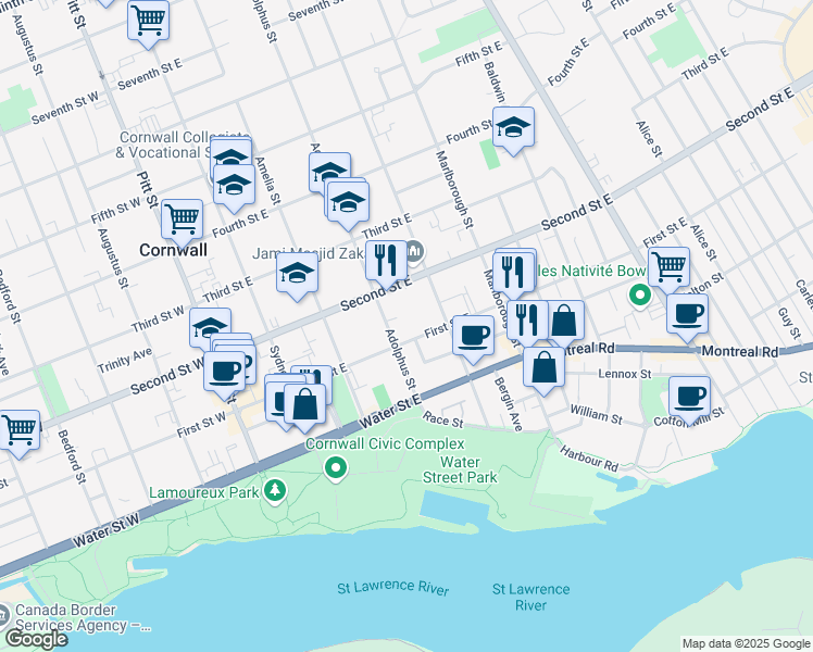 map of restaurants, bars, coffee shops, grocery stores, and more near 115 Adolphus Street in Cornwall