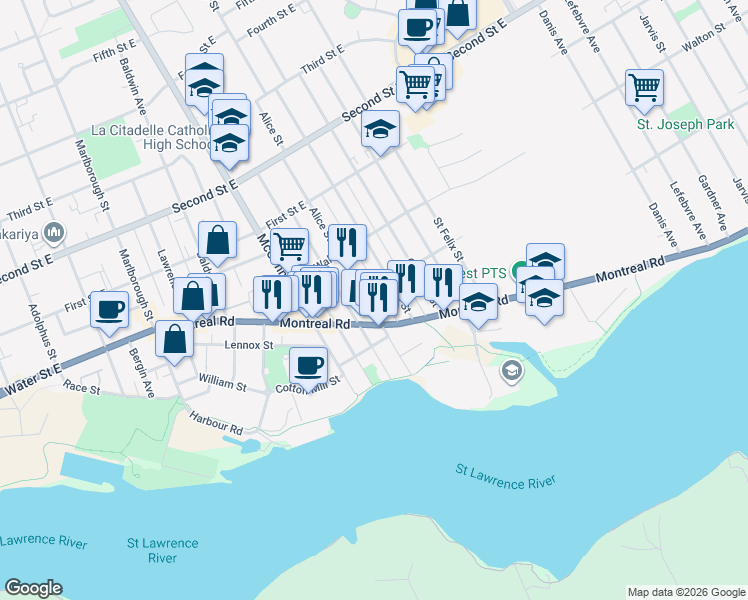 map of restaurants, bars, coffee shops, grocery stores, and more near 218 Alice Street in Cornwall