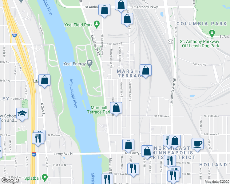 map of restaurants, bars, coffee shops, grocery stores, and more near 2819 Randolph Street Northeast in Minneapolis