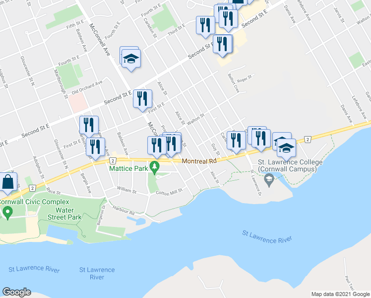 map of restaurants, bars, coffee shops, grocery stores, and more near 221A Louisa Street in Cornwall